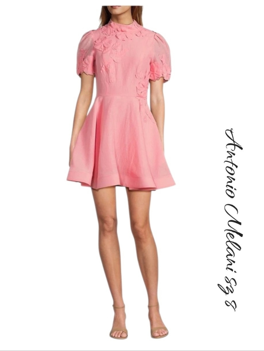NWT Antonio Melani Iris Linen Floral Appliqué Mockneck Dress Pink SZ 8